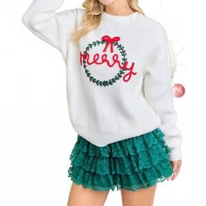 NEW MAINSTRIP saige merry embroidered christmas wreath sweater in white